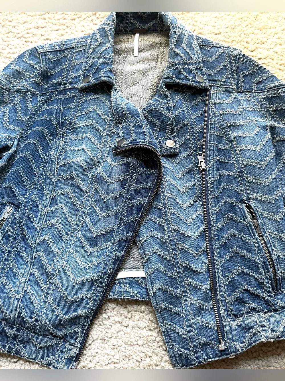 Free People Chevron Textured Denim Moto Jacket XS Rare Vintage